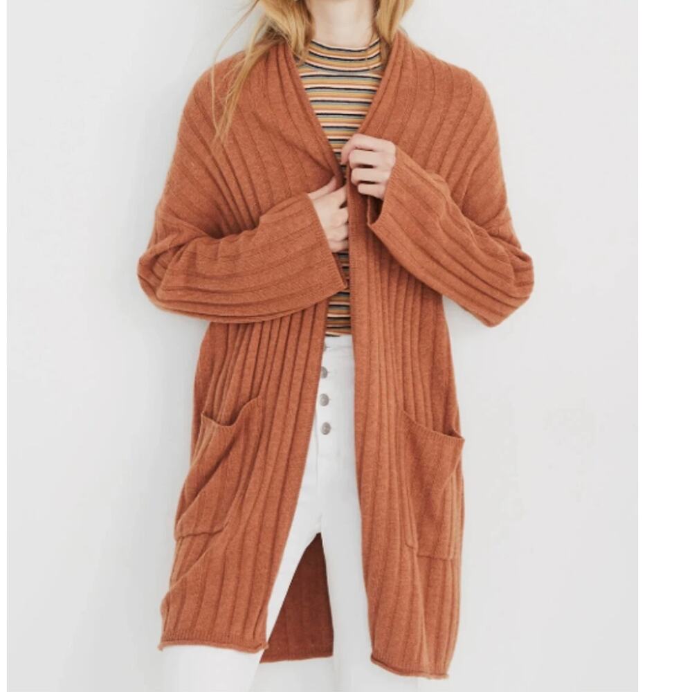 Madewell Wool Blend Duster Piedmont Ribbed Cardigan Sweater Burnt Orange Size XS